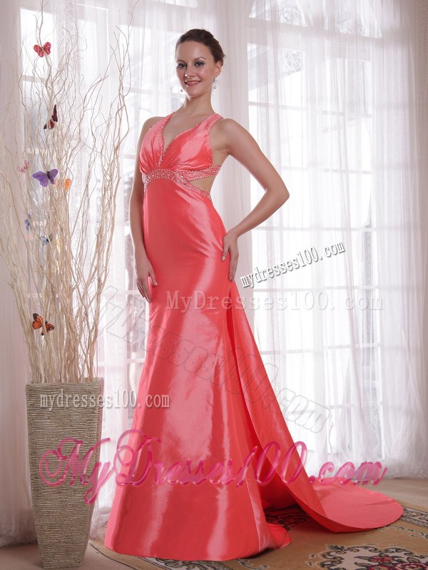 Watermelon Court Train Prom Gown Dress with Criss Cross Back and Rhinestones