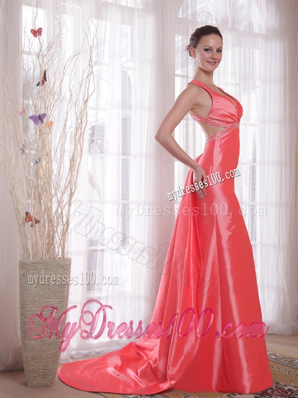 Watermelon Court Train Prom Gown Dress with Criss Cross Back and Rhinestones