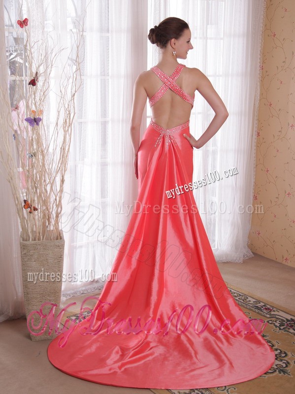 Watermelon Court Train Prom Gown Dress with Criss Cross Back and Rhinestones