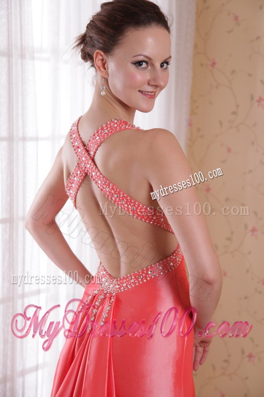 Watermelon Court Train Prom Gown Dress with Criss Cross Back and Rhinestones