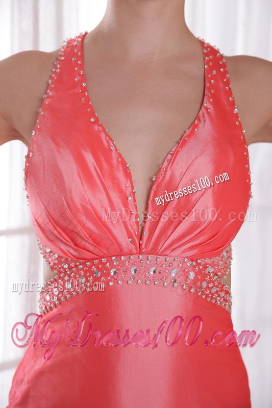 Watermelon Court Train Prom Gown Dress with Criss Cross Back and Rhinestones