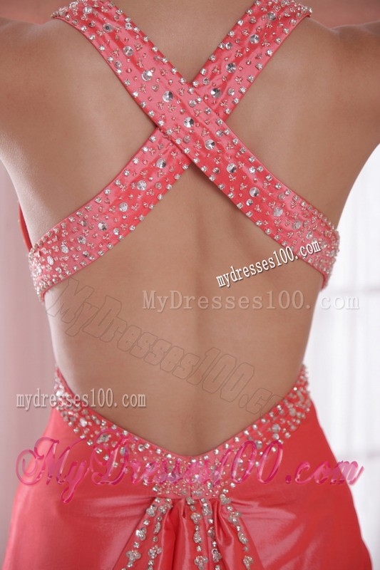 Watermelon Court Train Prom Gown Dress with Criss Cross Back and Rhinestones