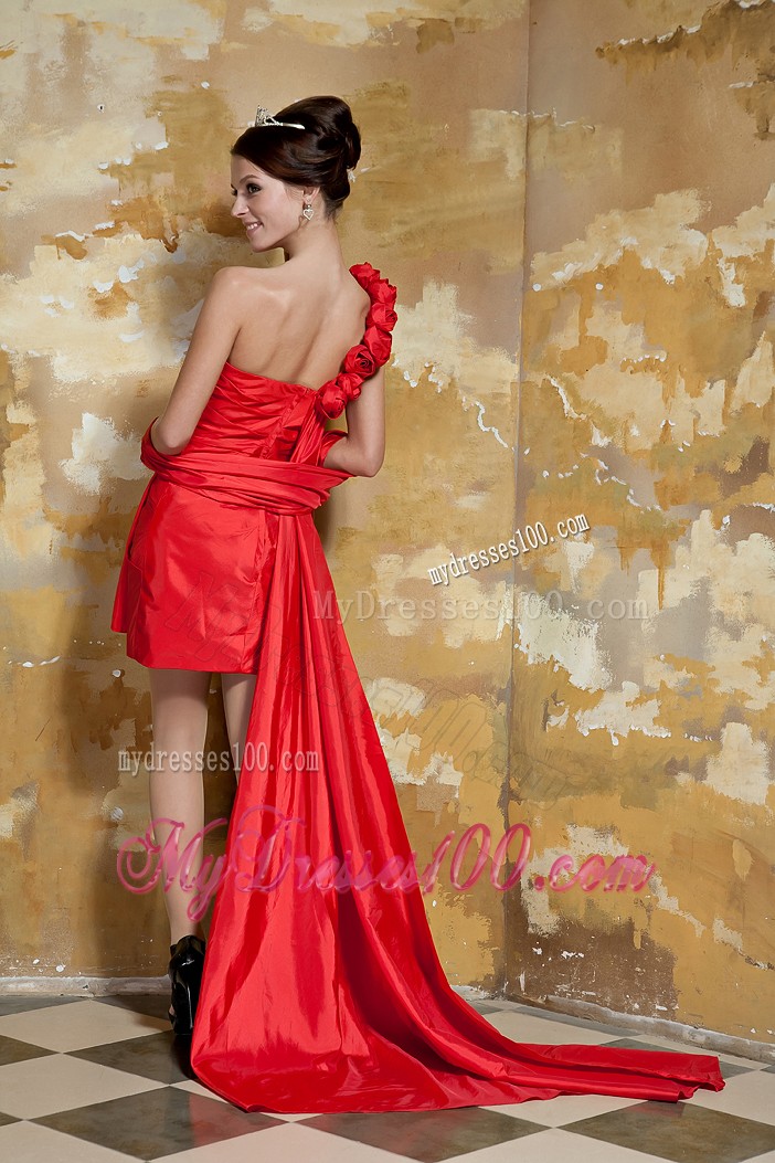 One Shoulder Red Column Watteau Train Taffeta Prom Dresses