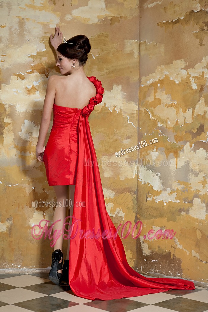 One Shoulder Red Column Watteau Train Taffeta Prom Dresses