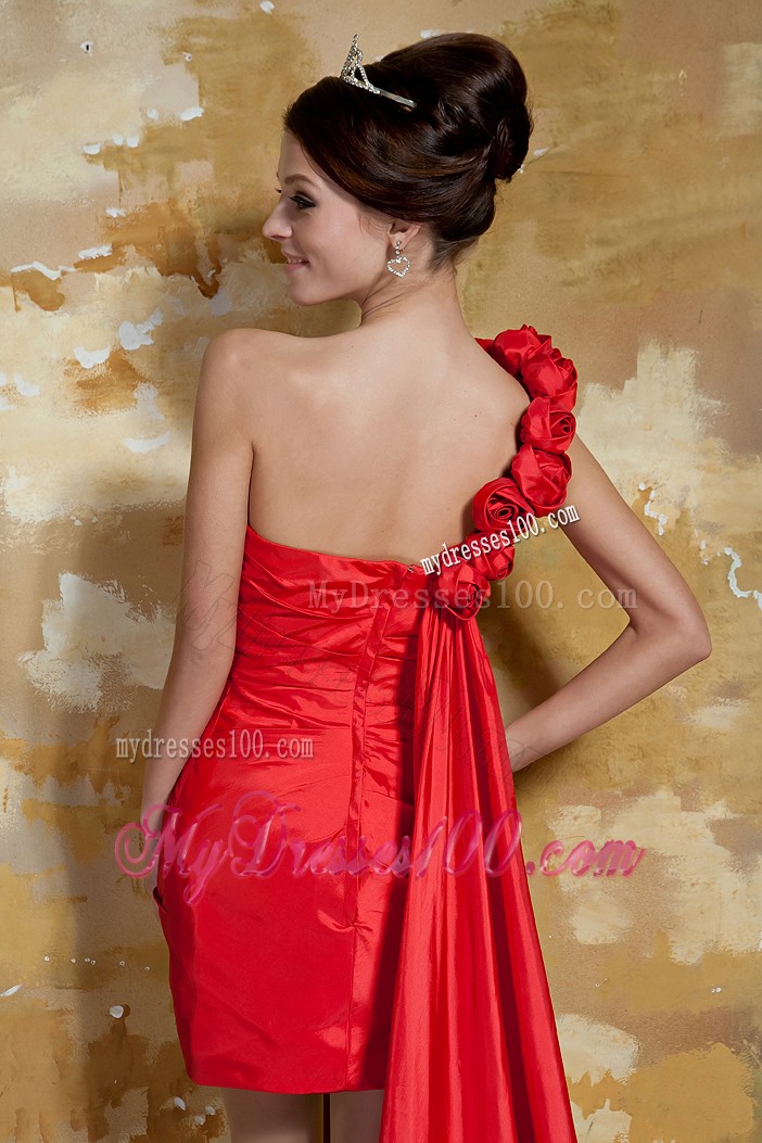 One Shoulder Red Column Watteau Train Taffeta Prom Dresses