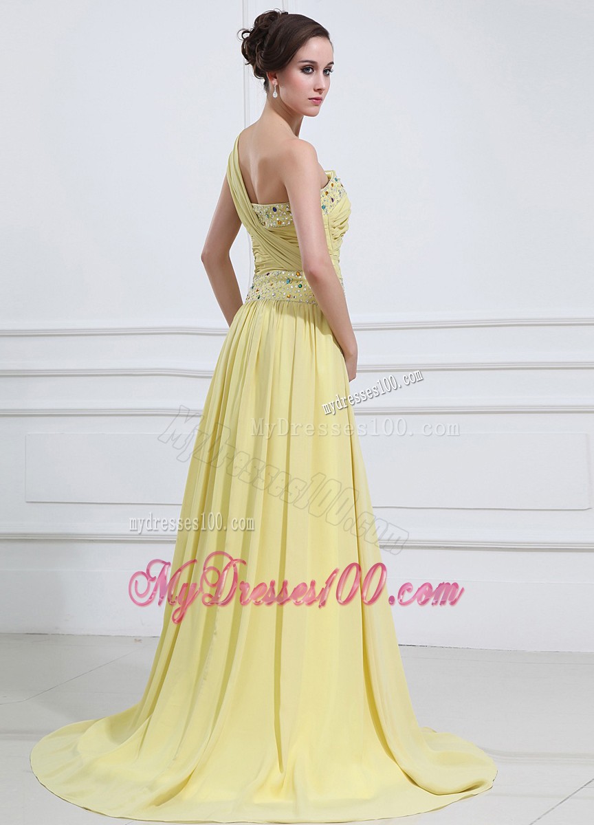 Yellow One Shoulder Empire Brush Train Prom Dress with Beadings