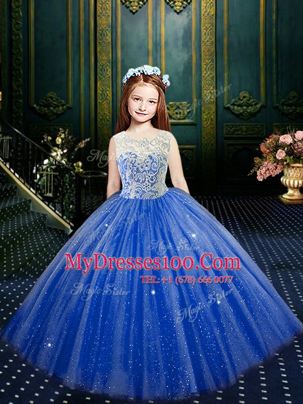 Clasp Handle Scoop Sleeveless Little Girl Pageant Dress Floor Length Appliques Blue Tulle