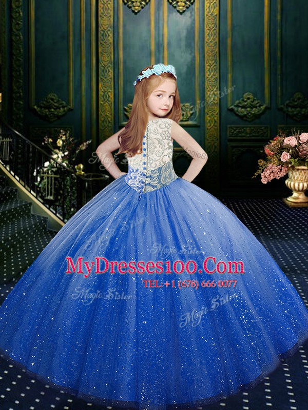 Clasp Handle Scoop Sleeveless Little Girl Pageant Dress Floor Length Appliques Blue Tulle