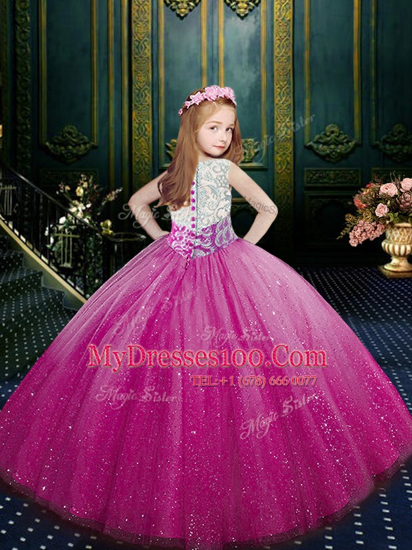 Scoop Clasp Handle Tulle Sleeveless Floor Length Little Girls Pageant Gowns and Beading and Appliques
