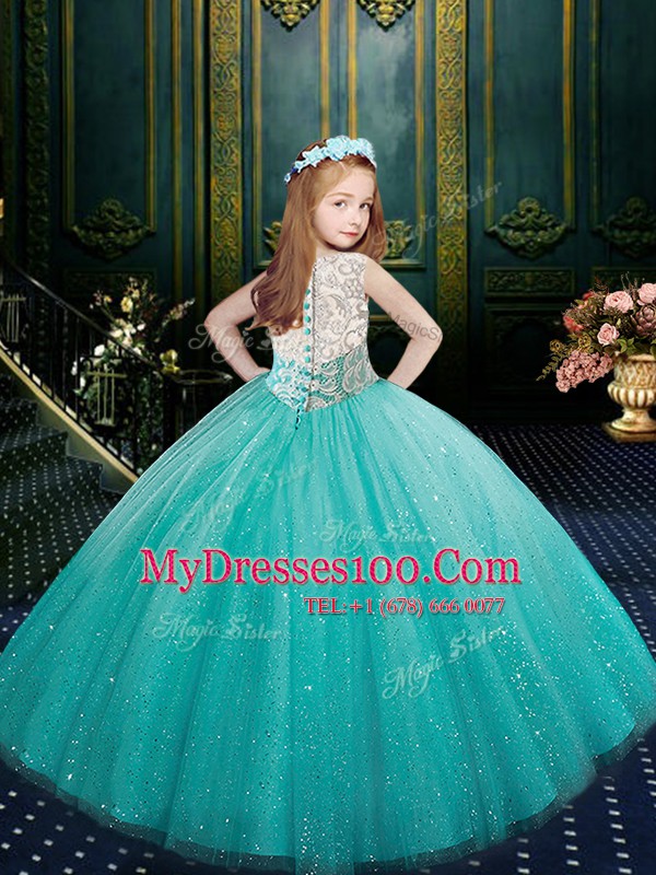 Cute Scoop Clasp Handle Floor Length Blue Kids Formal Wear Tulle Sleeveless Appliques