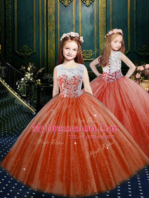Lovely Scoop Orange Red Sleeveless Floor Length Appliques Clasp Handle Flower Girl Dresses