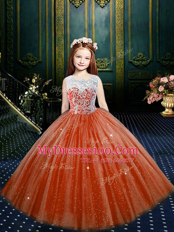 Lovely Scoop Orange Red Sleeveless Floor Length Appliques Clasp Handle Flower Girl Dresses