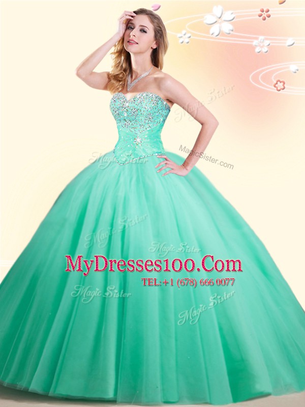 Most Popular Apple Green Tulle Lace Up Quince Ball Gowns Sleeveless Floor Length Beading