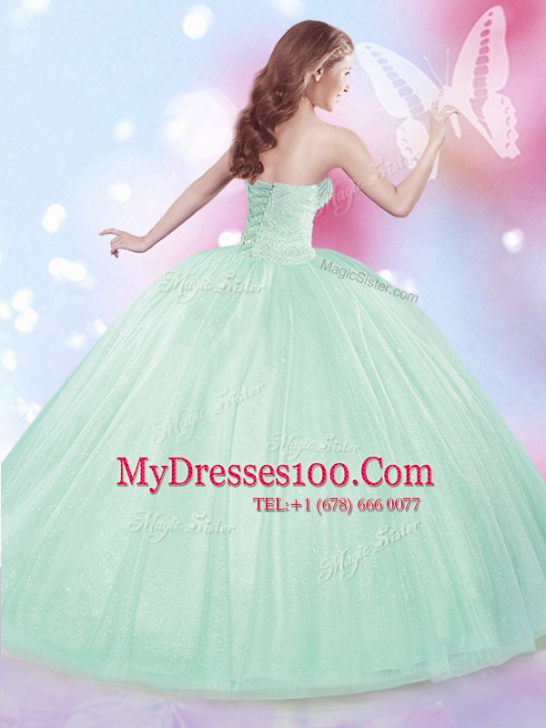 Comfortable Apple Green Quince Ball Gowns Military Ball and Sweet 16 and Quinceanera and For with Beading Sweetheart Sleeveless Lace Up