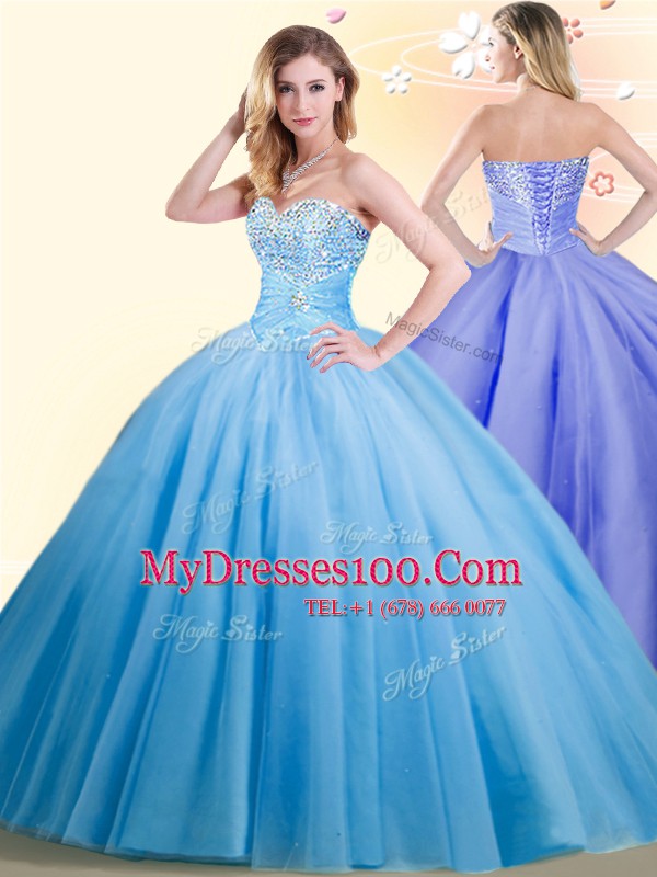 Cute Tulle Sweetheart Sleeveless Lace Up Beading Quinceanera Dress in Baby Blue