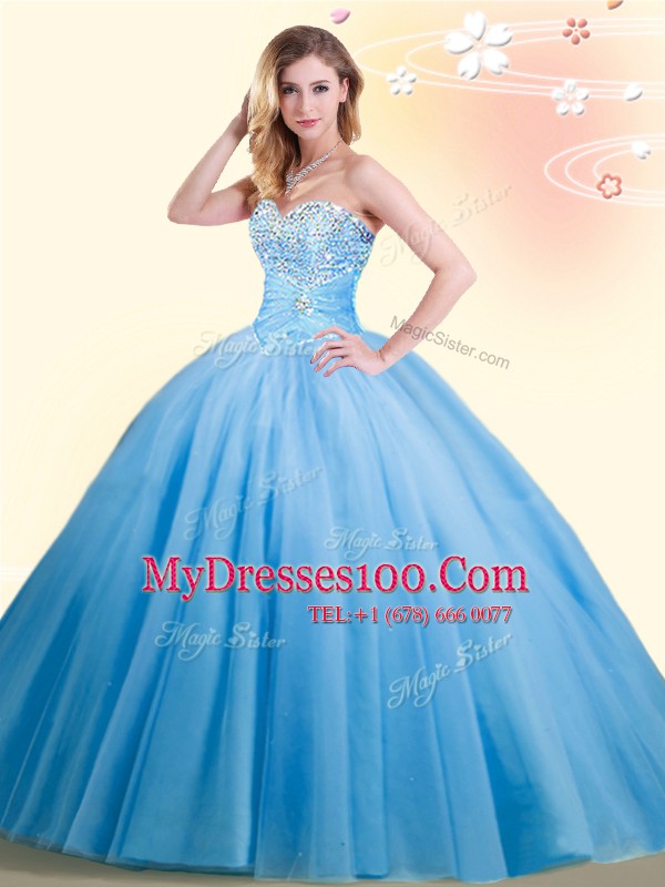 Cute Tulle Sweetheart Sleeveless Lace Up Beading Quinceanera Dress in Baby Blue
