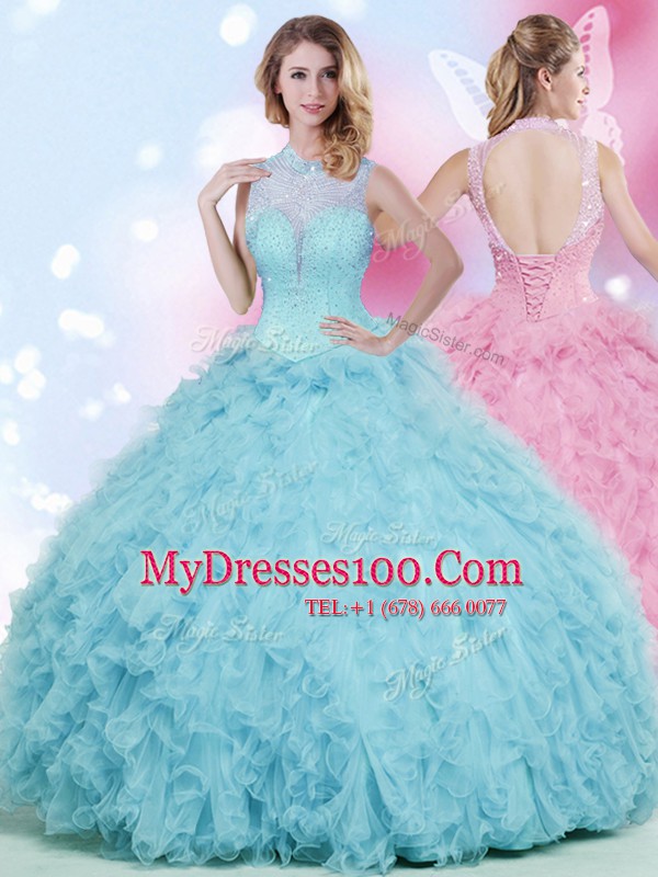 Tulle High-neck Sleeveless Lace Up Beading and Ruffles Ball Gown Prom Dress in Baby Blue