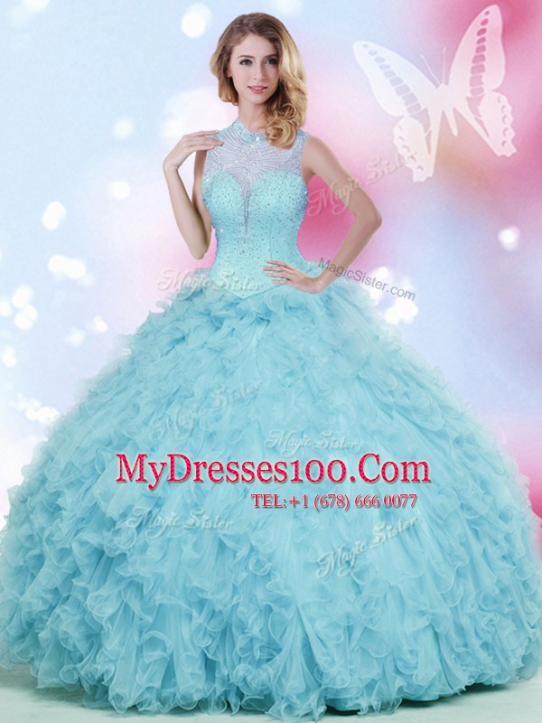 Tulle High-neck Sleeveless Lace Up Beading and Ruffles Ball Gown Prom Dress in Baby Blue
