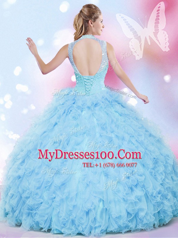 Tulle High-neck Sleeveless Lace Up Beading and Ruffles Ball Gown Prom Dress in Baby Blue