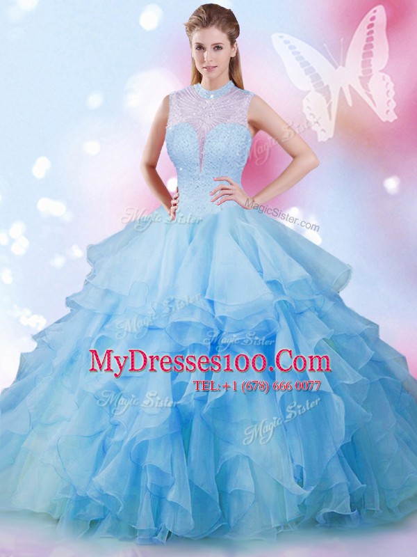 Spectacular Baby Blue Quinceanera Dresses Military Ball and Sweet 16 and Quinceanera and For with Beading and Ruffles High-neck Sleeveless Lace Up