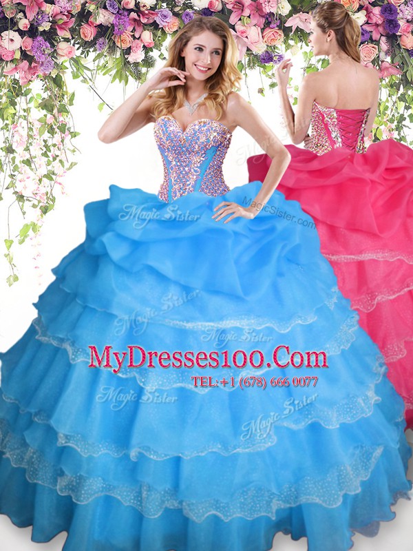 Flirting Organza Sweetheart Sleeveless Lace Up Beading and Ruffled Layers and Pick Ups Quinceanera Gowns in Baby Blue