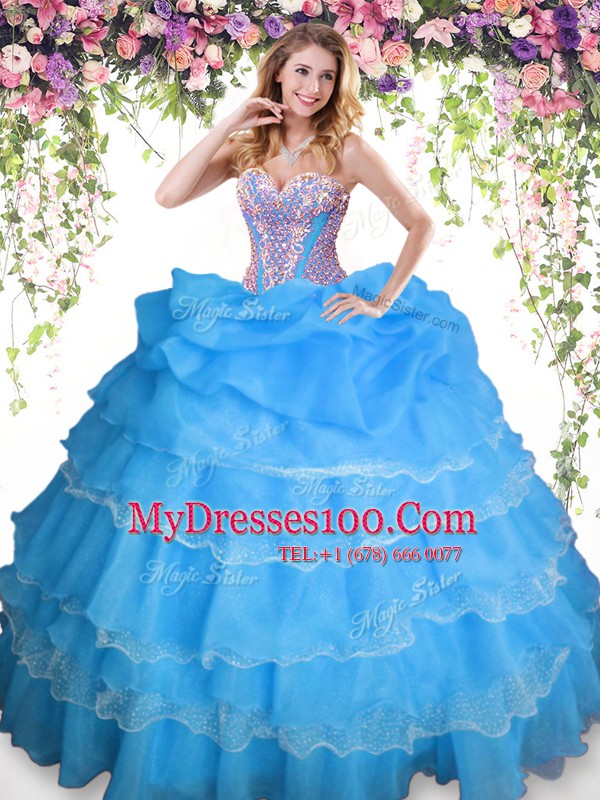 Flirting Organza Sweetheart Sleeveless Lace Up Beading and Ruffled Layers and Pick Ups Quinceanera Gowns in Baby Blue