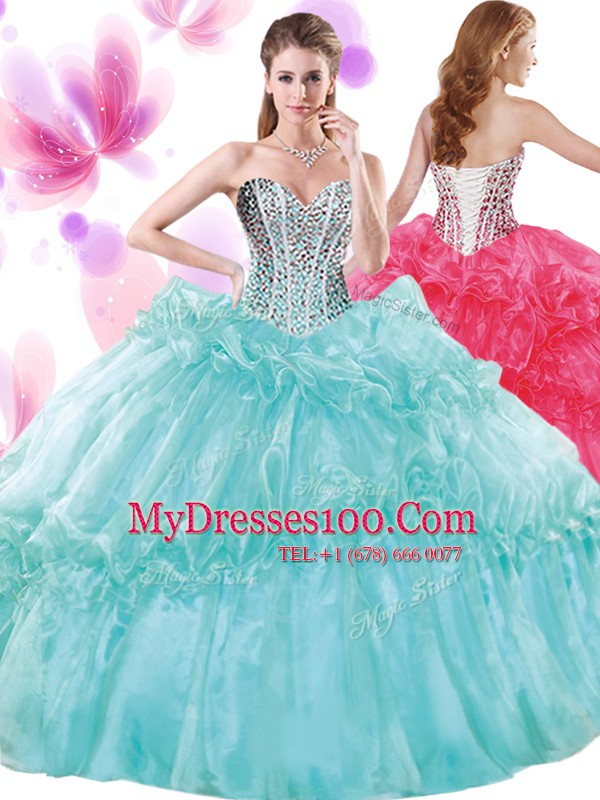 Pretty Turquoise Ball Gowns Organza Sweetheart Sleeveless Beading and Pick Ups Floor Length Lace Up Sweet 16 Dresses