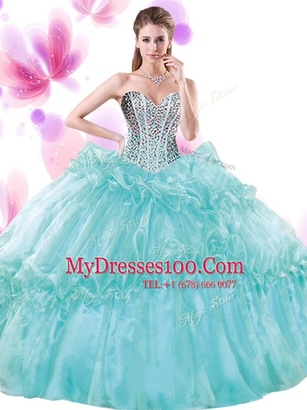 Pretty Turquoise Ball Gowns Organza Sweetheart Sleeveless Beading and Pick Ups Floor Length Lace Up Sweet 16 Dresses