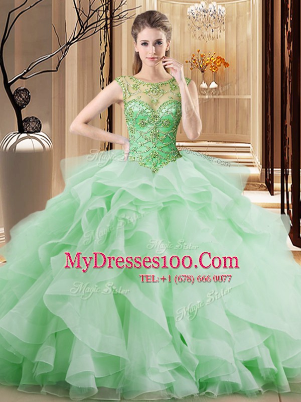 Scoop Sleeveless Tulle Sweet 16 Dress Beading and Ruffles Brush Train Lace Up