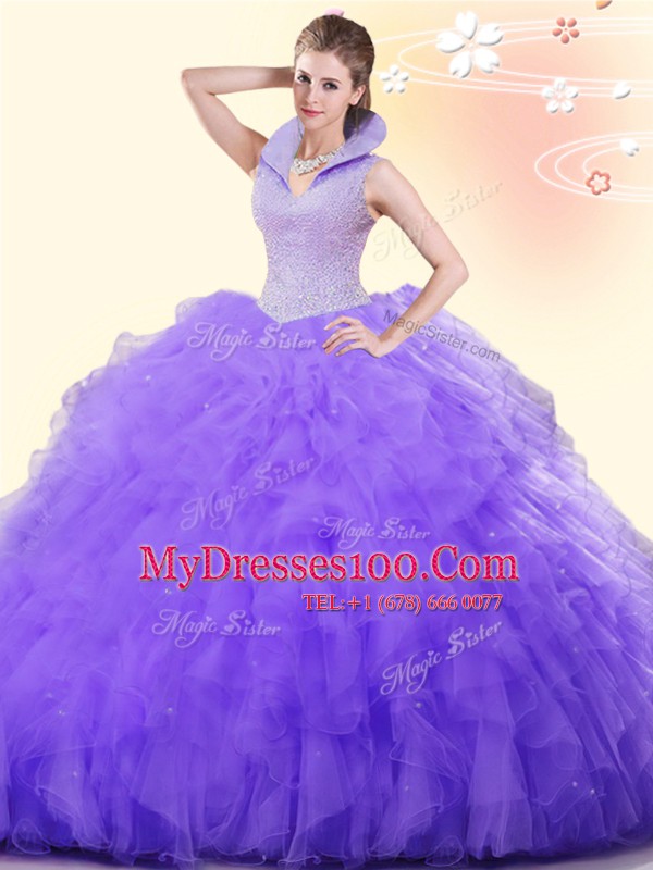 Decent Lavender Backless High-neck Beading and Ruffles 15th Birthday Dress Tulle Sleeveless