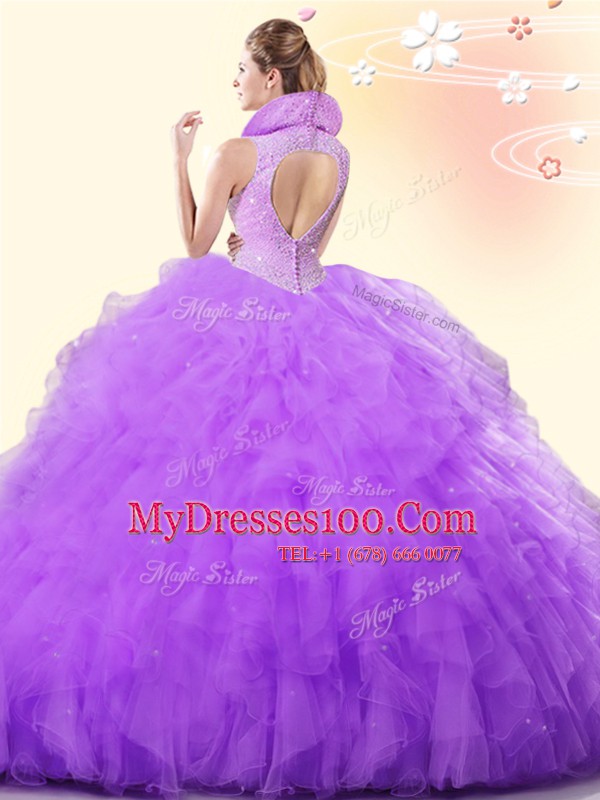 Decent Lavender Backless High-neck Beading and Ruffles 15th Birthday Dress Tulle Sleeveless