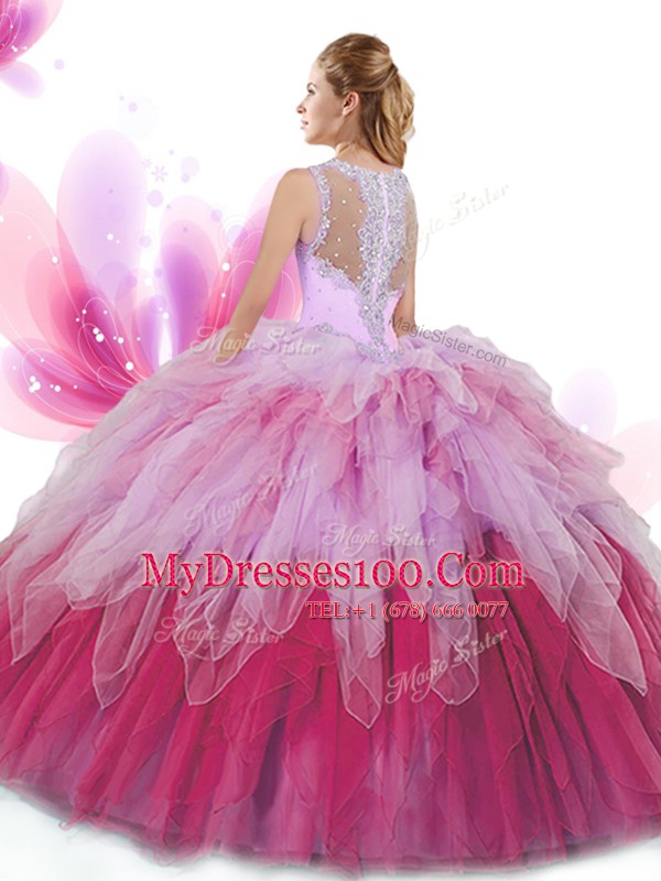 Multi-color Zipper V-neck Beading and Ruffles Quinceanera Dresses Tulle Sleeveless