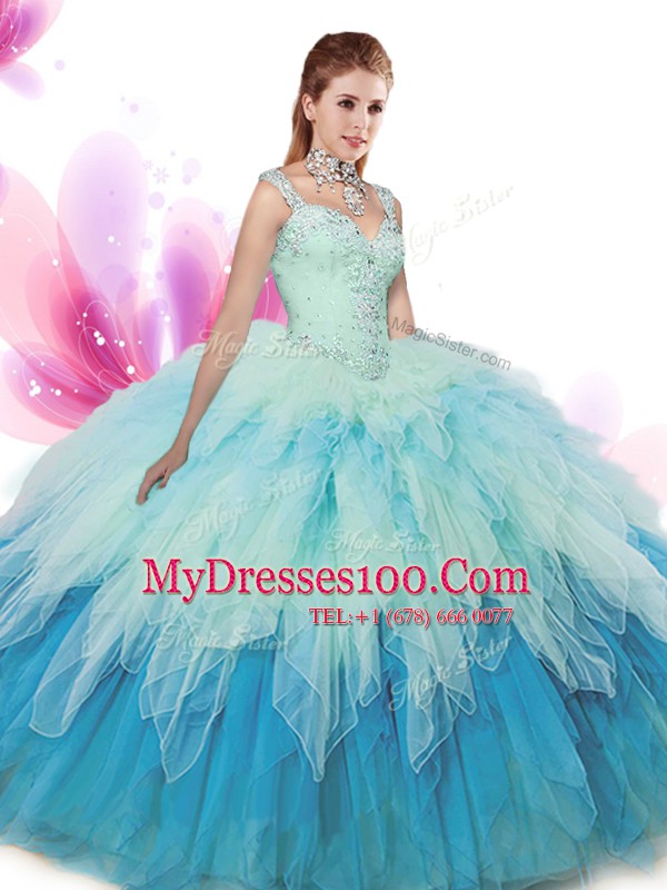 Multi-color Zipper V-neck Beading and Ruffles Quinceanera Dresses Tulle Sleeveless