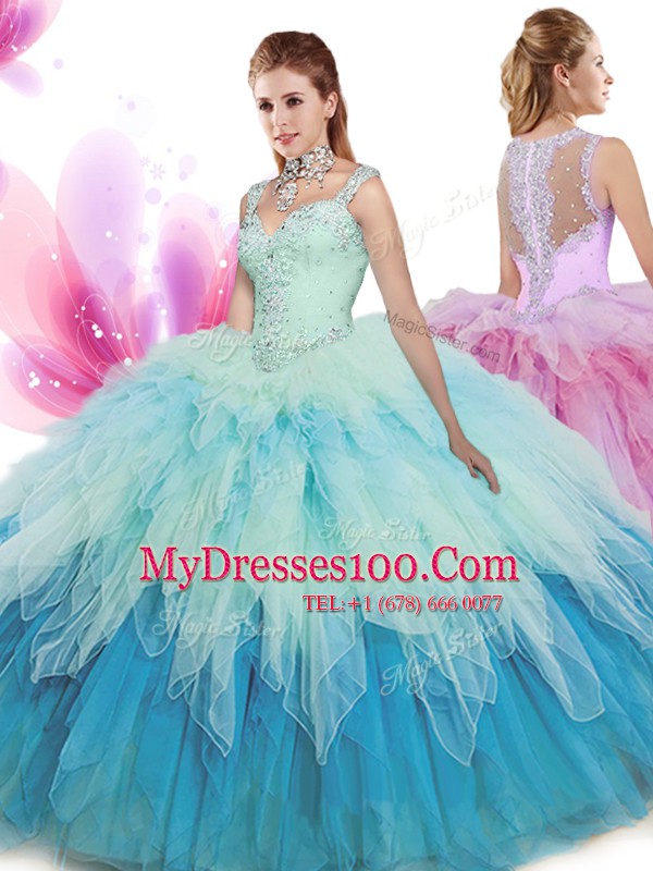 Multi-color Zipper V-neck Beading and Ruffles Quinceanera Dresses Tulle Sleeveless