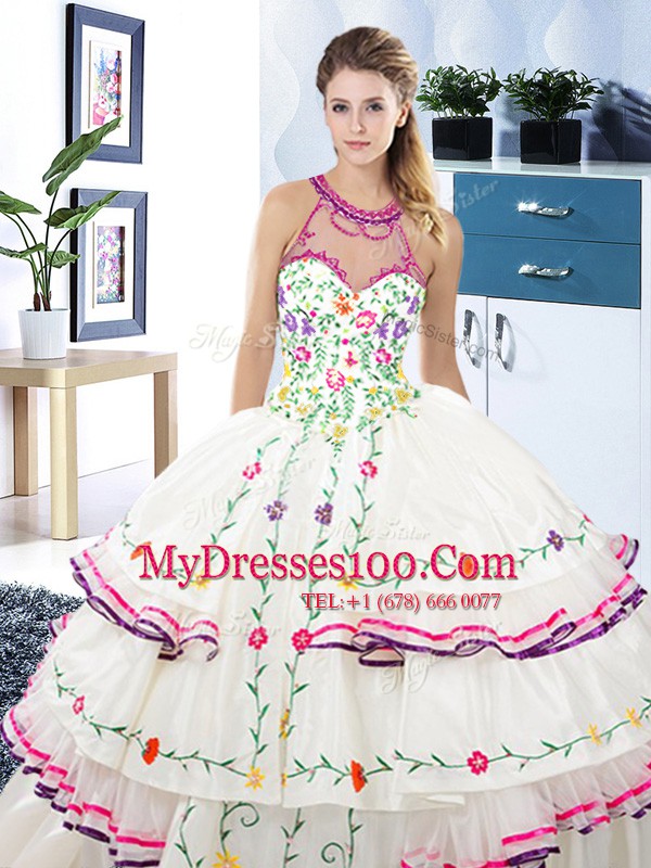 Shining Halter Top White Sleeveless Floor Length Embroidery and Ruffled Layers Lace Up Quinceanera Dresses