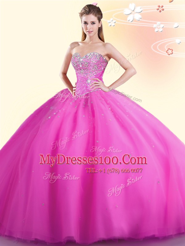 Hot Sale Sleeveless Floor Length Beading Lace Up 15th Birthday Dress with Hot Pink