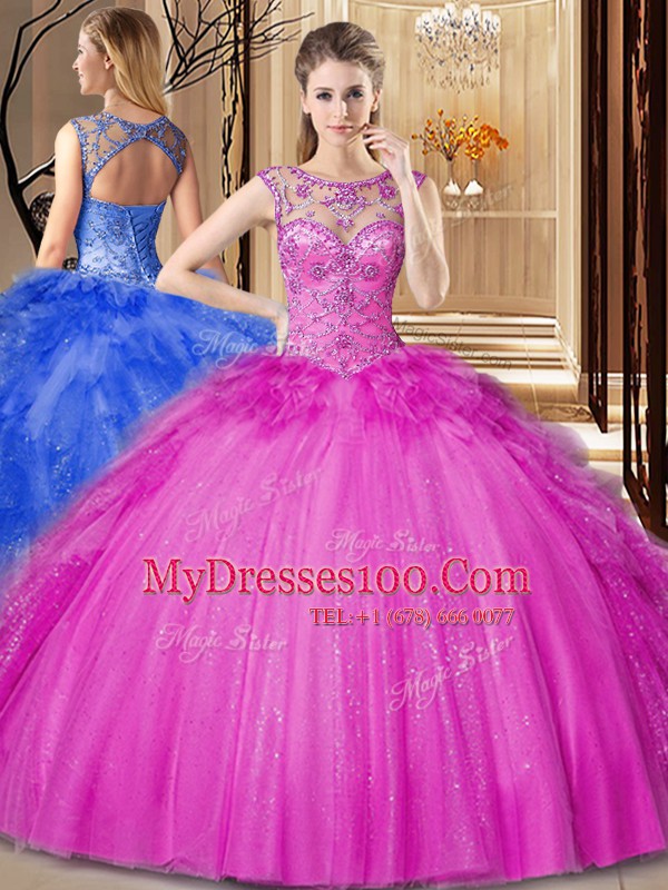 Fantastic Scoop Floor Length Hot Pink Quinceanera Gown Tulle Sleeveless Beading and Ruffles
