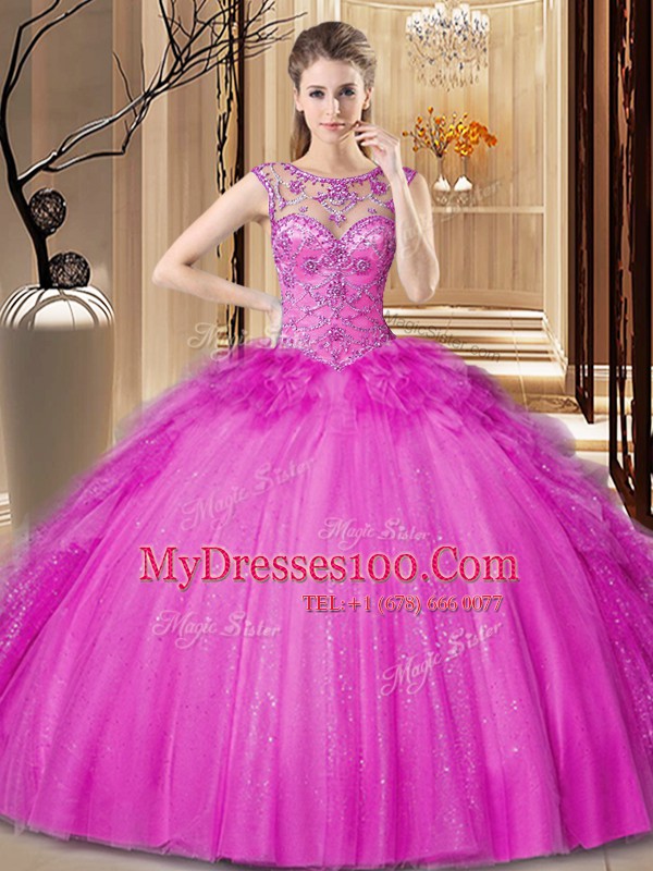 Fantastic Scoop Floor Length Hot Pink Quinceanera Gown Tulle Sleeveless Beading and Ruffles
