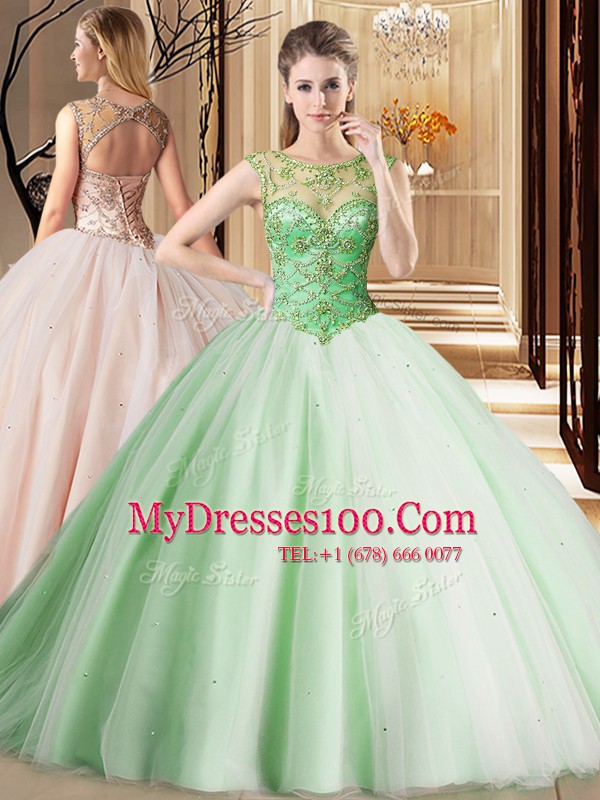 Stylish Scoop Sleeveless Brush Train Beading Lace Up Sweet 16 Dresses