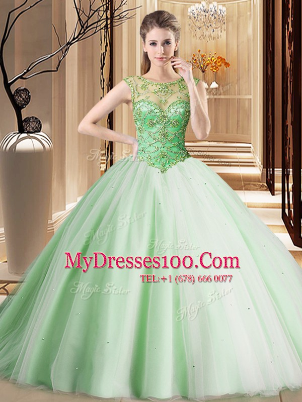 Stylish Scoop Sleeveless Brush Train Beading Lace Up Sweet 16 Dresses