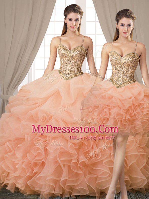 Fashionable Three Piece Floor Length Peach 15 Quinceanera Dress Organza Sleeveless Beading and Ruffles and Pick Ups