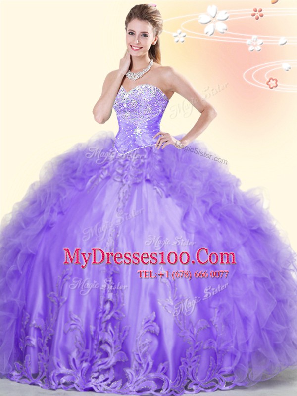 Tulle Sweetheart Sleeveless Lace Up Beading and Appliques and Ruffles 15th Birthday Dress in Lavender