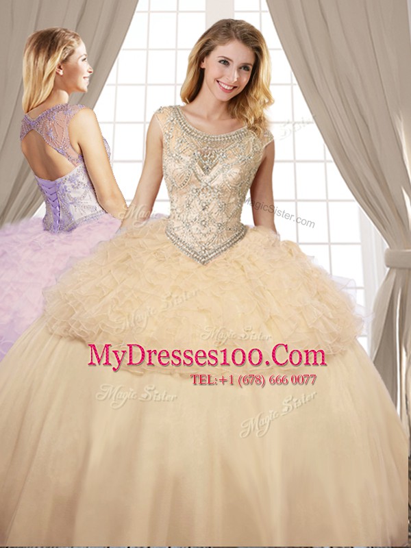 Customized Organza and Tulle Scoop Sleeveless Lace Up Beading and Ruffles Quinceanera Dresses in Champagne