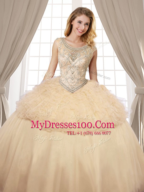 Customized Organza and Tulle Scoop Sleeveless Lace Up Beading and Ruffles Quinceanera Dresses in Champagne