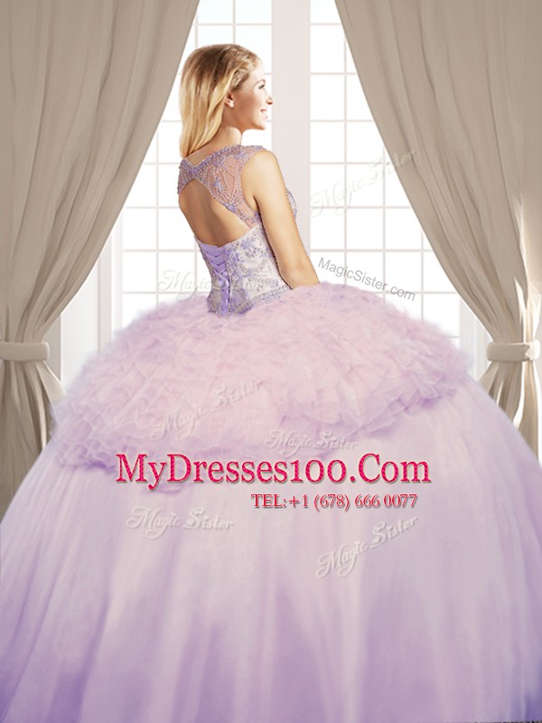 Customized Organza and Tulle Scoop Sleeveless Lace Up Beading and Ruffles Quinceanera Dresses in Champagne