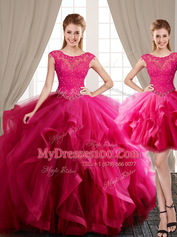 Noble Three Piece Hot Pink Scoop Neckline Beading and Appliques and Ruffles Quinceanera Gowns Cap Sleeves Lace Up