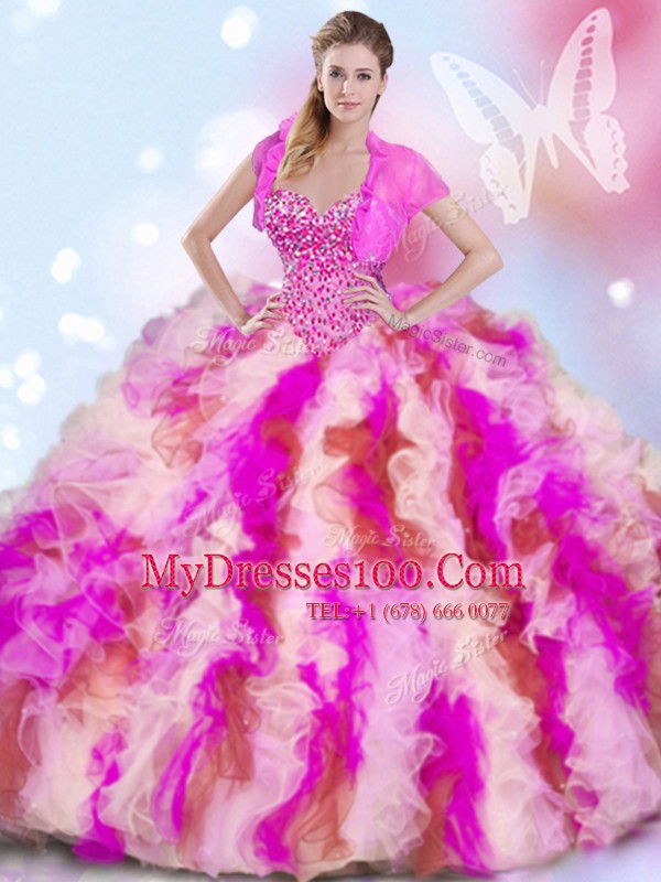Four Piece Floor Length Lace Up Quinceanera Gown Multi-color for Military Ball and Sweet 16 and Quinceanera with Beading and Ruffles