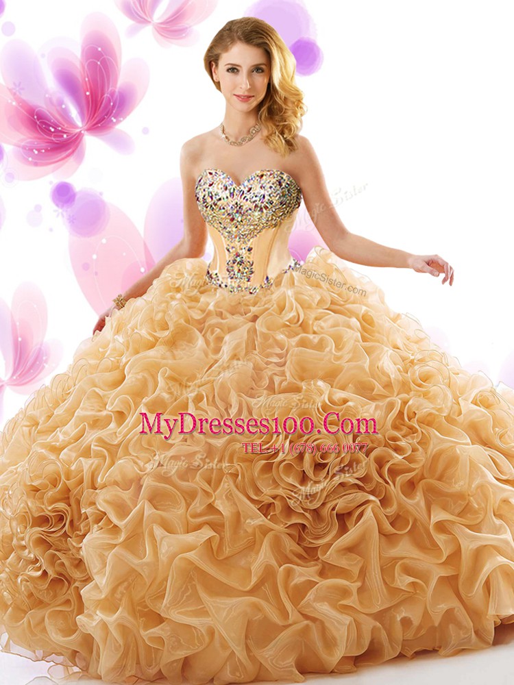 Organza Sweetheart Sleeveless Court Train Lace Up Beading and Ruffles 15th Birthday Dress in Champagne