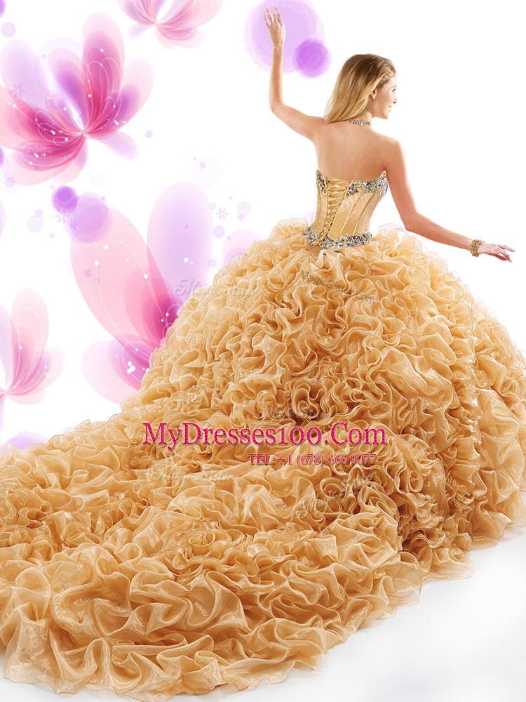 Organza Sweetheart Sleeveless Court Train Lace Up Beading and Ruffles 15th Birthday Dress in Champagne