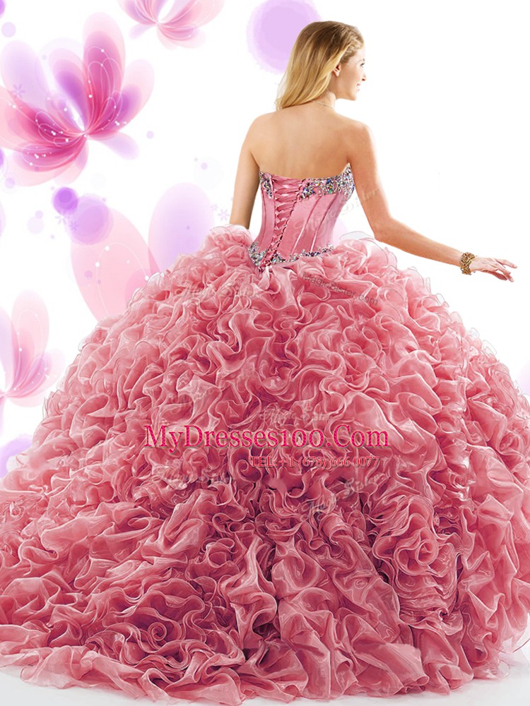 Organza Sweetheart Sleeveless Court Train Lace Up Beading and Ruffles 15th Birthday Dress in Champagne